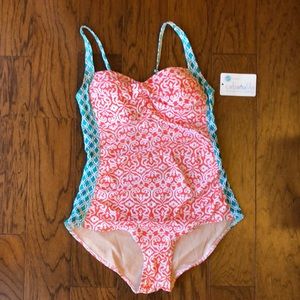 Coral & turquoise Cabana Life one piece swimsuit.